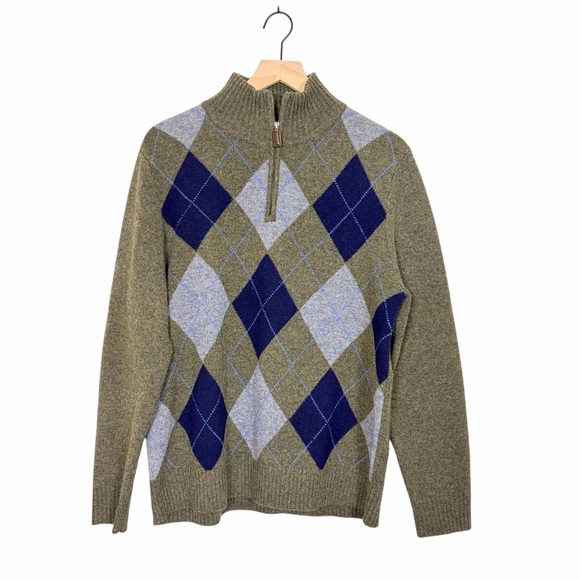 J. Crew Sweater Size Large Green Argyle 100% Lambswool 1/4 Zip - Picture 1 of 7